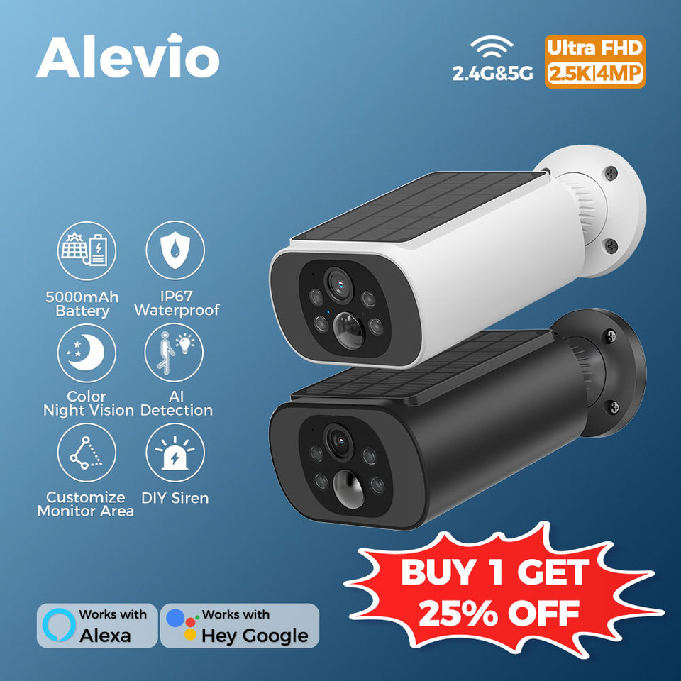  ALEVIO 2.5K Outdoor Solar Camera Wireless Cam WIFI Ultra Standby Time PIR Motion Light Color Night Vision AI Detect Battery Cam 