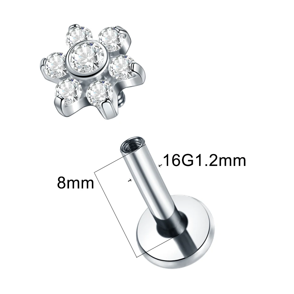 G23 Titanium Labret Ear Tragus Earring Stud Internally Threaded Zircon Lip Rings Cartilage Helix Piercing Body Jewelry 16G 1Pc