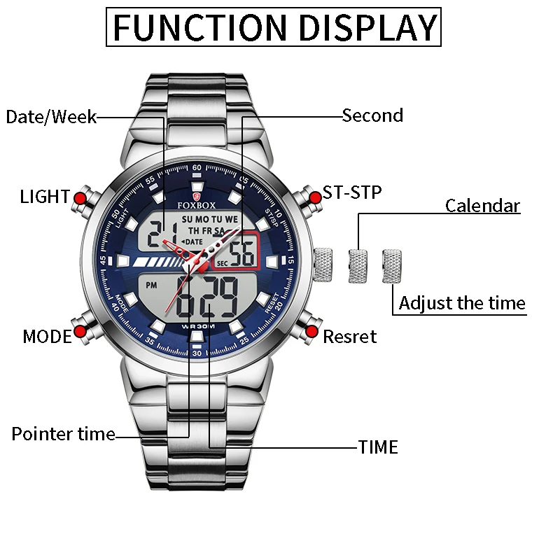 Top brand FOXBOX Casual Quartz Watch Men Stainless Steel Men Army Military Led Clock Male Waterproof Watches relogio masculino
