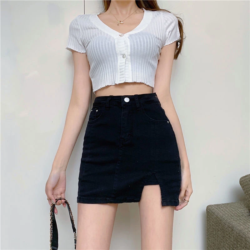 Anti-glare denim bustier ins style new elastic high waist a word short skirt pants open fork package hip black skirt female