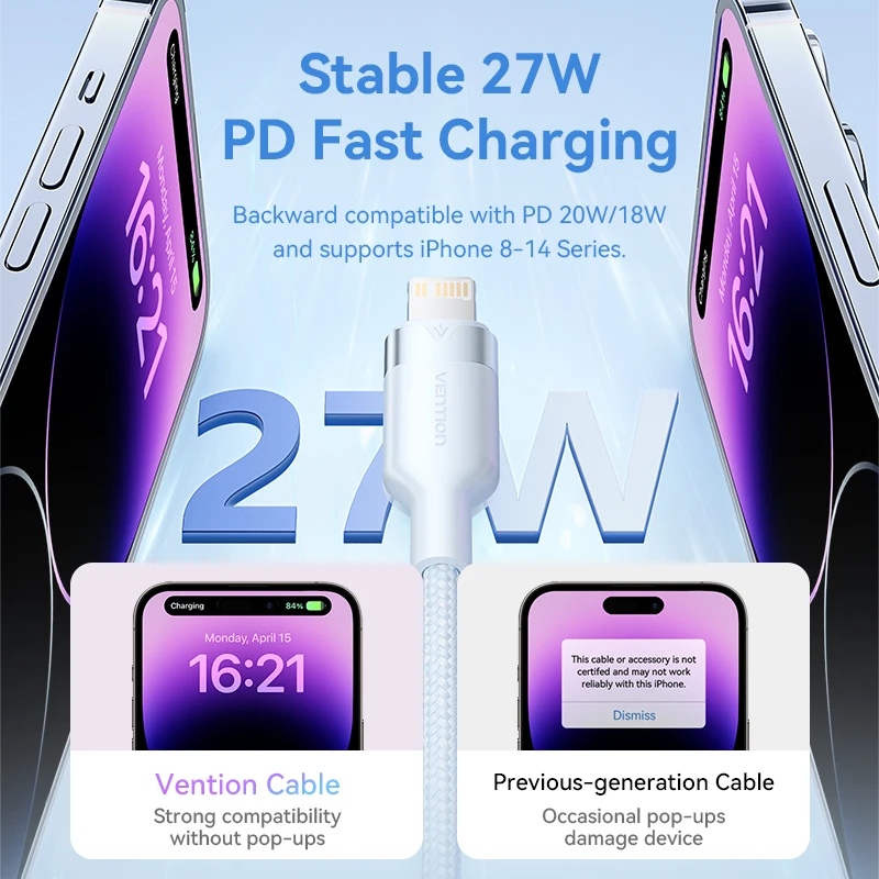 Vention PD USB C 타입 라이트닝 고속 충전 케이블, 아이폰 8-14 시리즈용, 아이패드용, 27W