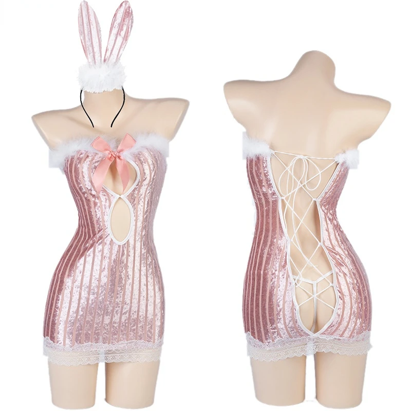 

Sweet Candy Girl Pink Bling Shiny Bunny Dress Unifrom Women Hollow Tube Top Furry Nightdress Cute Outfits Costumes Cosplay