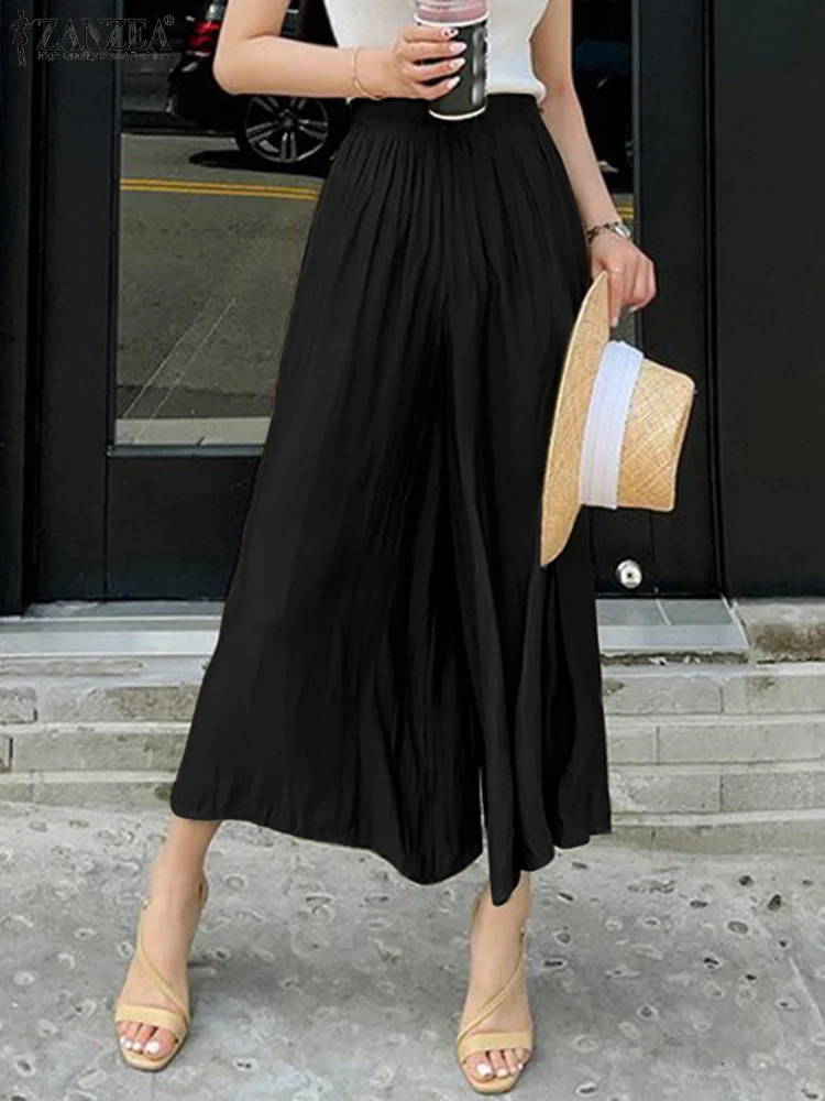 

ZANZEA Casual Loose Solid Pants Women Pleating Swing Long Pants Holiday Wide Leg Trouser 2023 Summer Elegant Cropped Pantalones