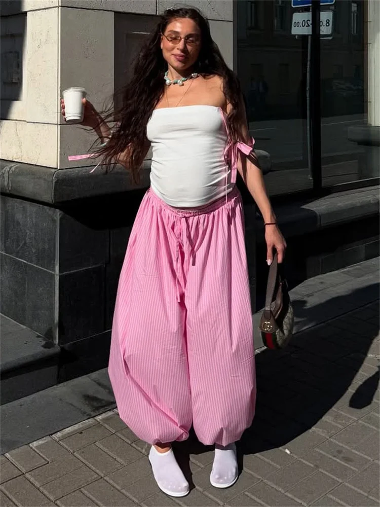 Tossy Striped Lace-Up Casual Women's Pants Patchwork Loose Streetwear Trousers High Waist Commute Clothes Female Bandage Pants