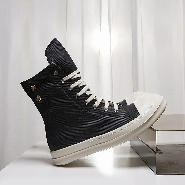 2024ss Ro  Men Shoe Casual High Top Sneaker Quality Black Ankle Boot Fashion Zip Metal O-Wen Platform Canvas Flat Street Shoe 3
