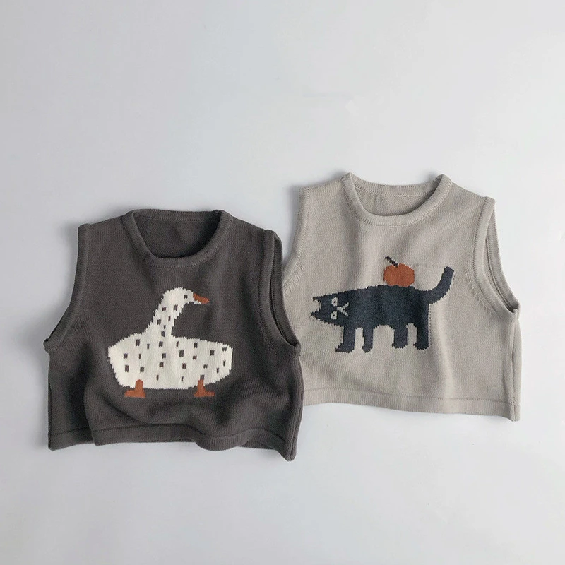 Childrens Sleeveless Knitted Vest - Cute Animal Cotton Sweater Coat for Boys  Girls