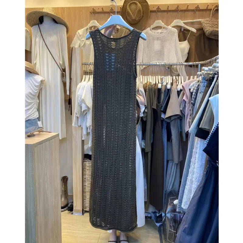 New Fashion Knitted Hollow Women's Dress Elegant Sleeveless Split Neck Beach Dress Fashion Women's Clothing