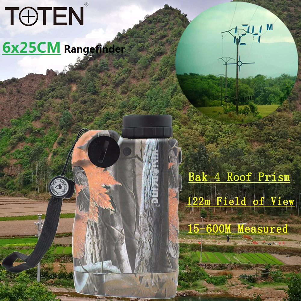TOTEN Professional Bak-4 6x25 Laser Rangefinder 600m Binocular Outdoor Golf Hunting Shooting Gallery Electronic Ruler Telescope