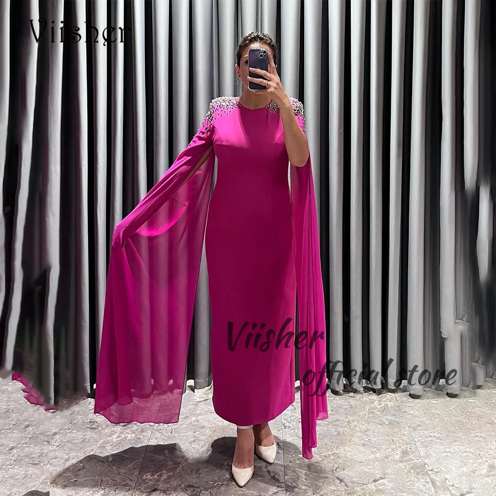 

Viisher Hot Pink Satin Evening Dresses Pearls Beads Cape Sleeve Mermaid Formal Prom Dress Ankle Length Dubai Formal Gowns
