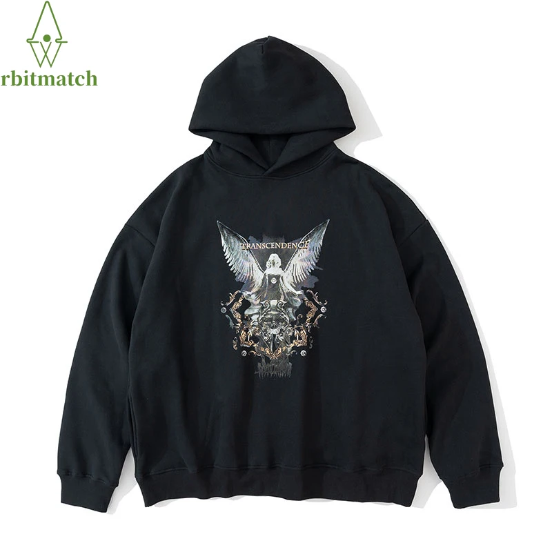 新千歳空港 メンズフード付きスウェットシャツ ストリートウェア ゴシック ヴィンテージ 天使のプリント 原宿 綿 黒 冬 コレクション22 毎日新作アイテム入荷中 Signature Johaness Com