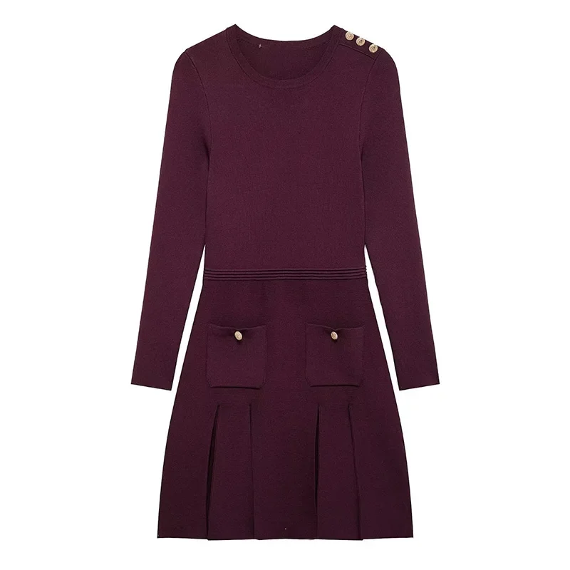 Knit Burgundy Red A-line Mini Dress Women O-neck Long Sleeves Pleat Party Dresses Female 2025 Spring New Pockets Button Vestidos