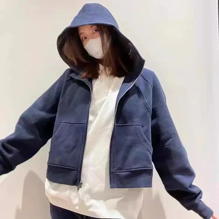 Lemon Women SCUBA Yoga Solid Sport Pullover Full zipper Hooded Sweatshirt Autumn Winter Warm Plush Outdoor Loose Easy Jacket