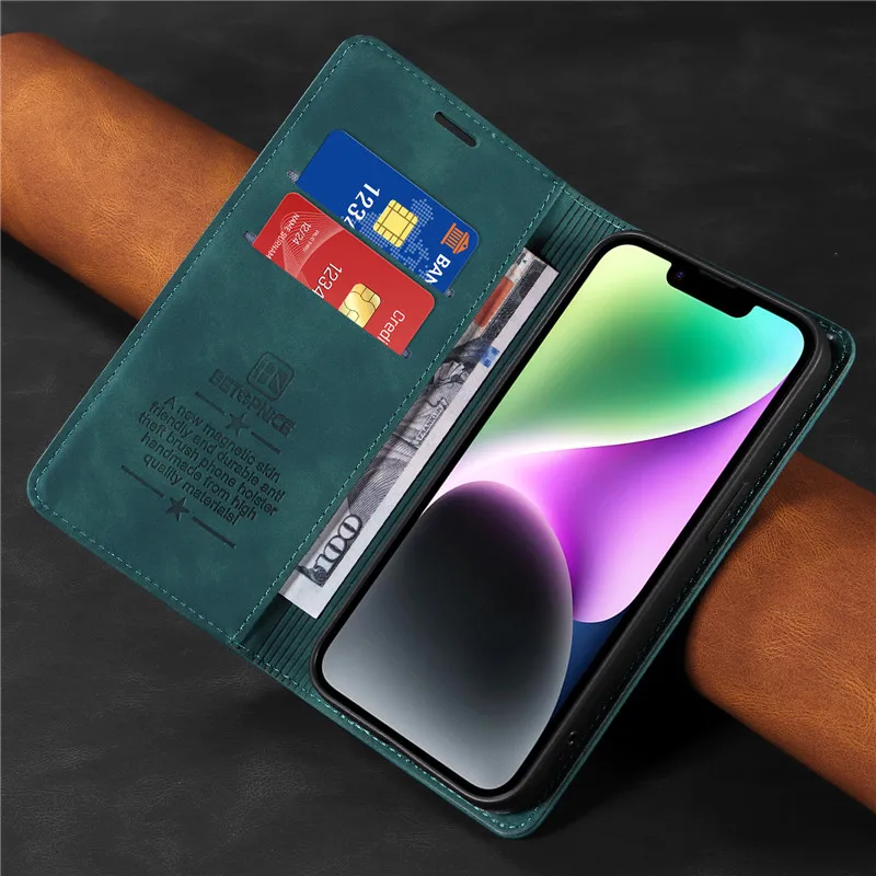 Leather Flip Cover Wallet with Card Holder and Magnetic Closure - Anti-theft Protection