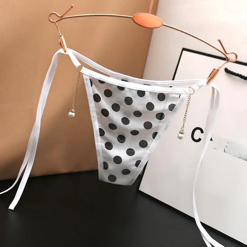 

Sexy Lace-up Transparent Women's Underwear with Low Waist Lace Edge Printed Polka Dot Beads Binding Thong Japanese T-style