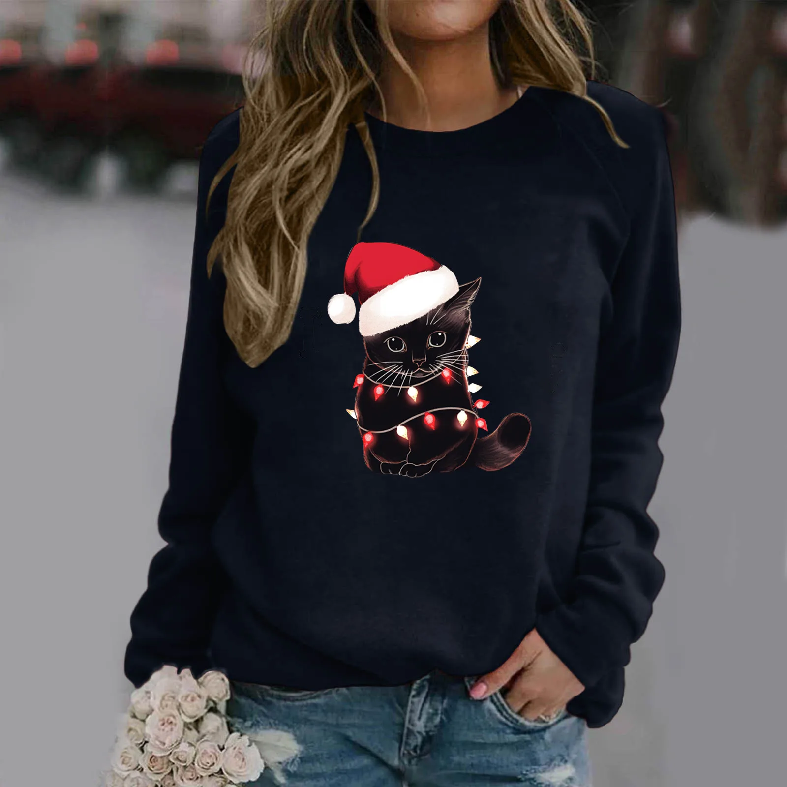 

Women's Christmas Casual Round Neck Raglan Long Sleeve Small Light Bulb Collar Cat Print Pullover vintage Egirl folk