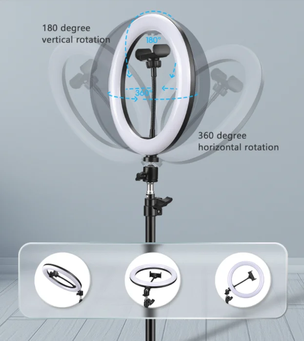 10" Photography Makeup Lamp Mirror LED Selfie Light 260MM Dimmable Make Up Camera Phone Lamp with Table Tripods Phone Hold Stand
