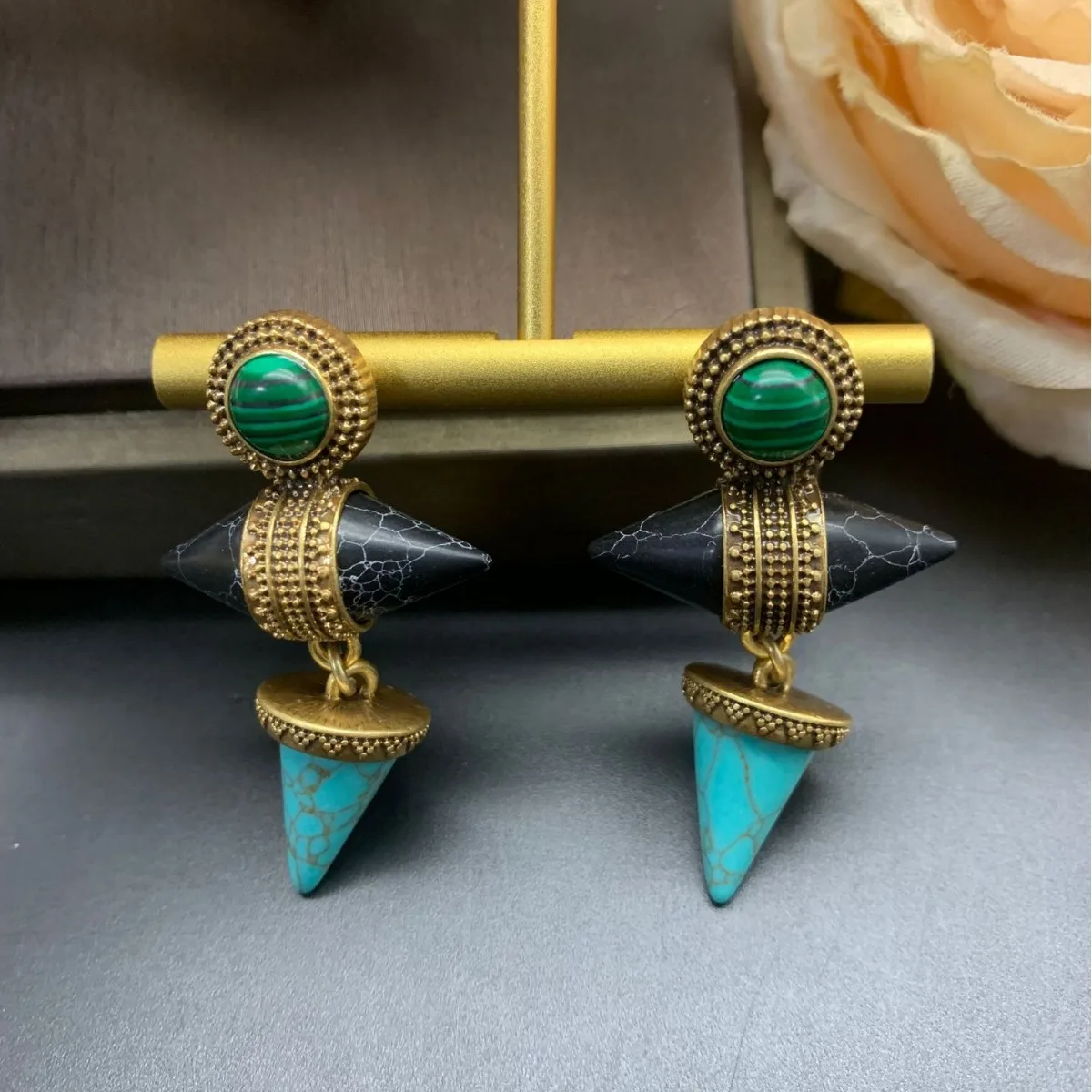 

Vintage conical turquoise earrings Long stylish commuter style earrings Elegant studs