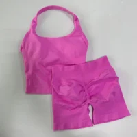 Ensemble de sport 2 pièces pour femme : débardeur dos nu et short taille haute froncé, tenue de fitness sans couture 4