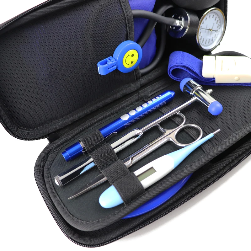 Blue Storage Medical Kit Health Monitor Bag Pouch with Stethoscope BP Manometer Reflex Hammer First Aid Tourniquet Penlight Set