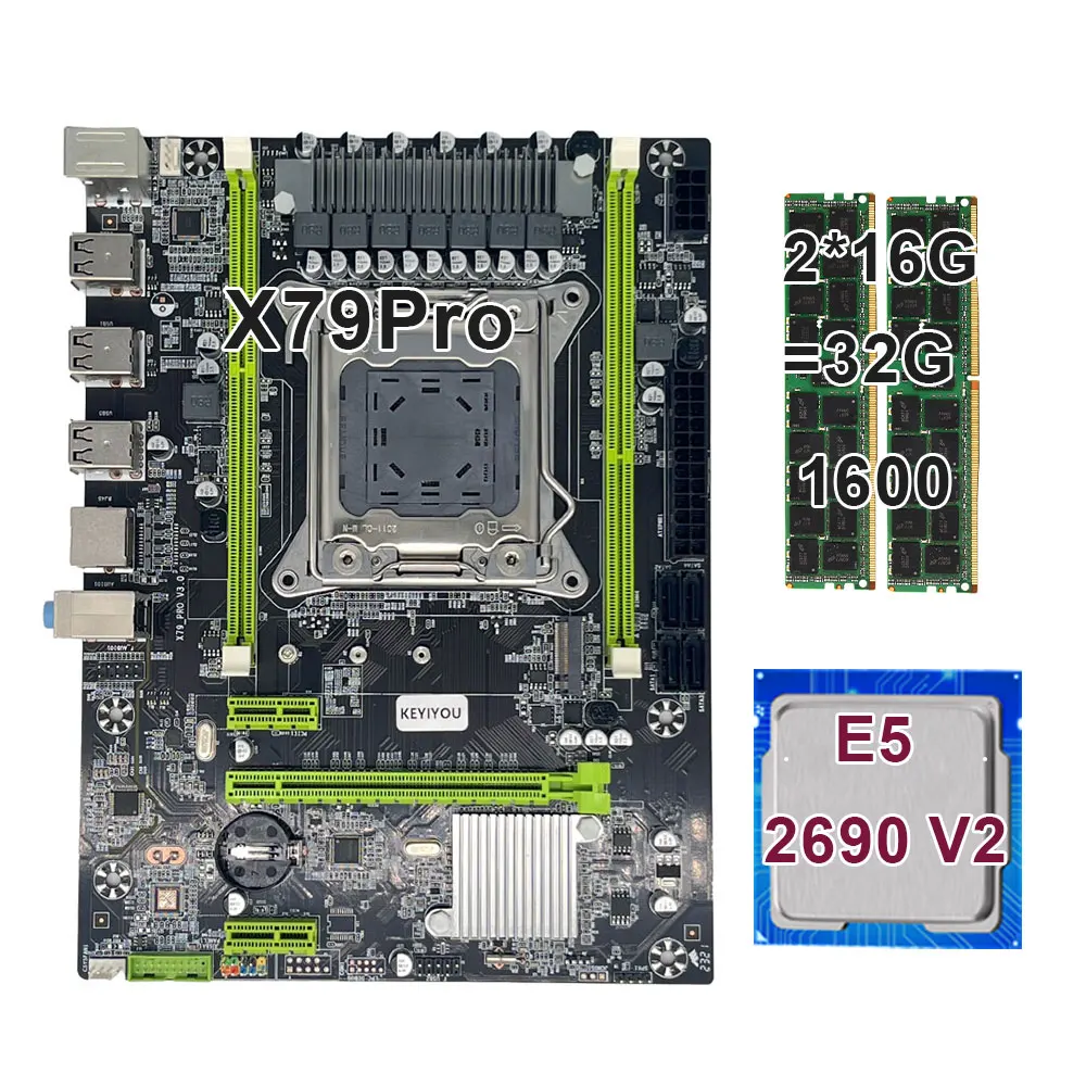 

Комплект материнской платы KEYIYOU X79 Pro LGA 2011 Xeon E5 2690 V2 CPU2 * 16 = 32 Гб 1600 МГц DDR3 ECC REG ОЗУ ATX SATA 3 PCI-E NVME M.2 SSD