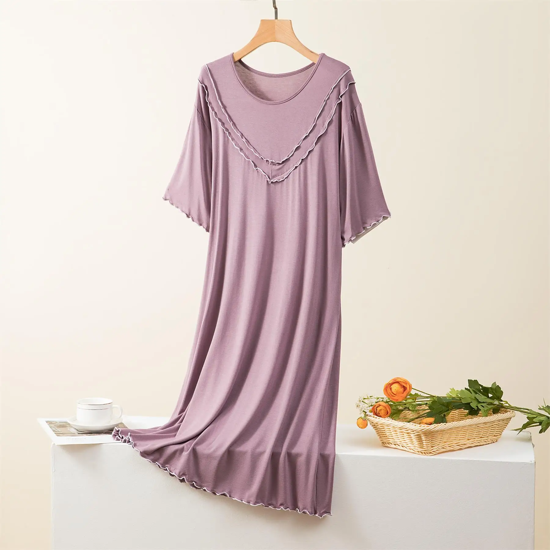 2023 New Summer Women's Nightdress modal Short Sleeve Long Dress Ladies Long Skirt Thin Large Size Short Sleeve Loose Home Dress