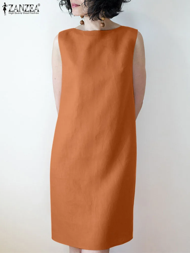 

ZANZEA Women Sleeveless Solid Work Dresses Fashion O Neck Back Split Party Vestido Summer Elegant Office Lady Dress Sarafans