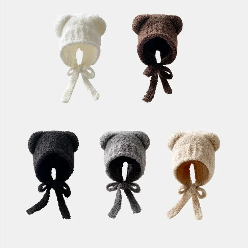 Bear Ear Knitted Wool Hat Autumn Winter Fashion Warm Lace-Up Ear Protection Cap Outdoor Women's Bomber Cap Bonnets New Year Gift