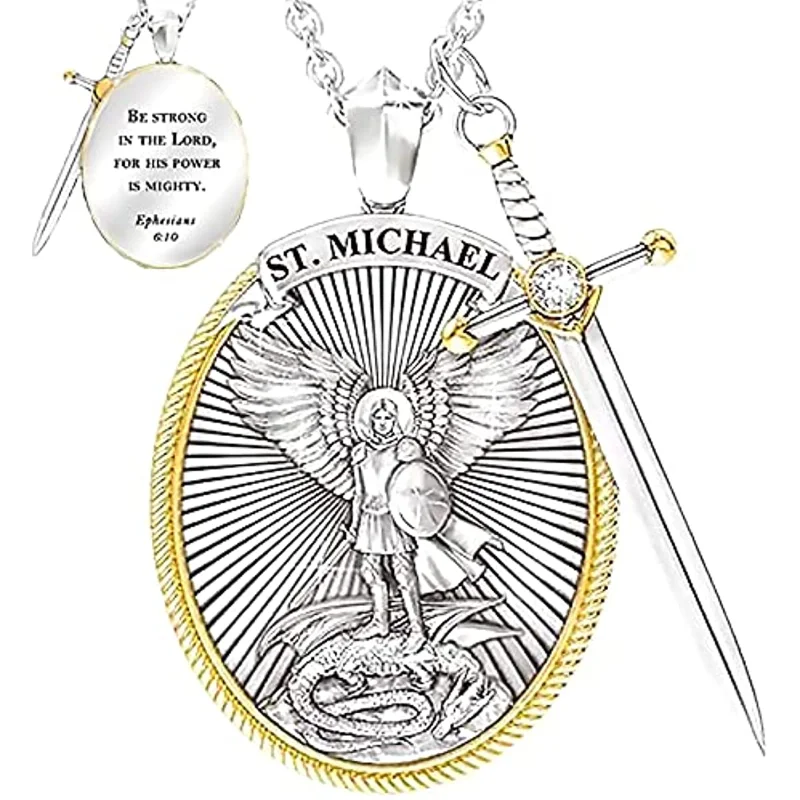 St. Michael Pendant Necklace , Men's Archangel Michael Viking Necklace Pendant, Saint Medal with Sword Shield