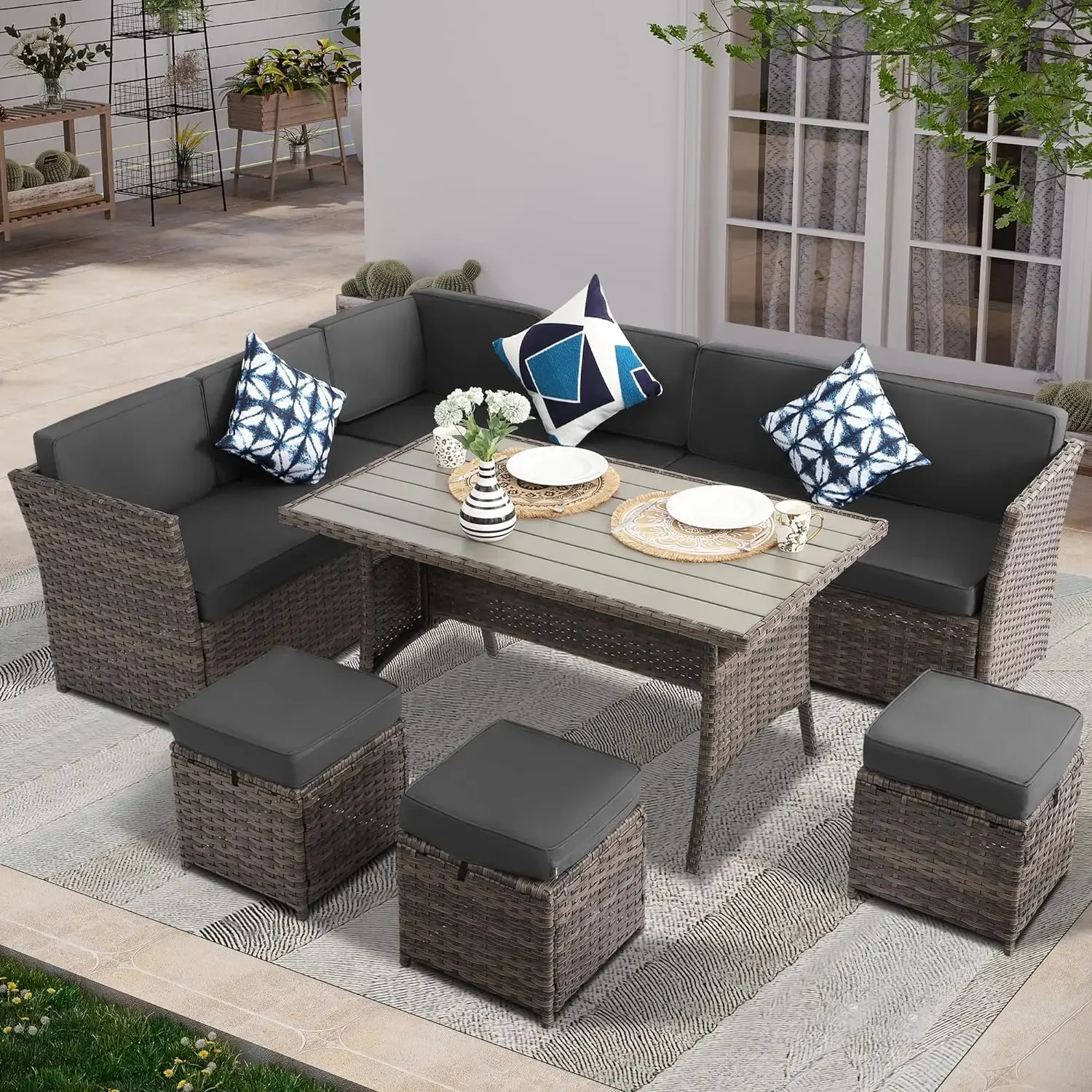 Patio Set 7-Piece Outdoor Dining Set,Patio Table and Chairs Set with Soft Cushions Lawn Furniture in Brown Rattan
