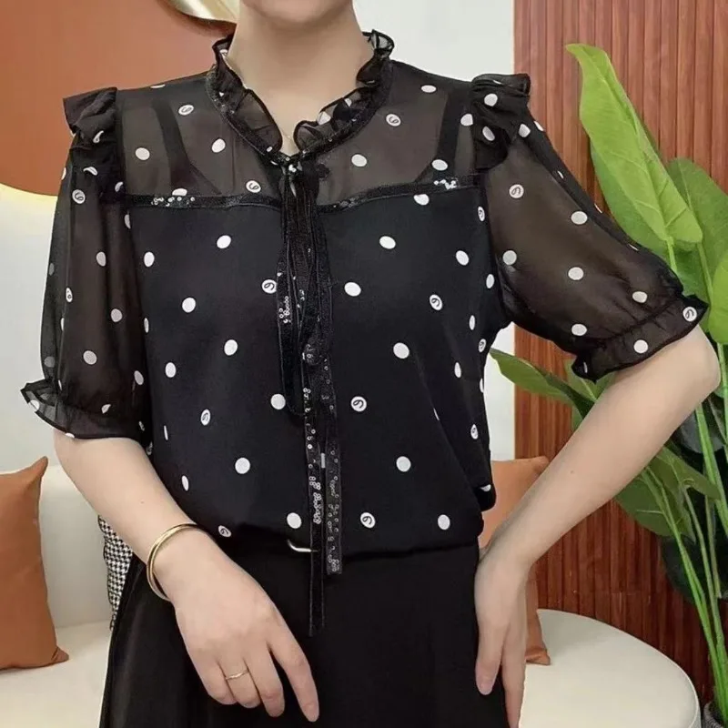 Summer New Shirt Fashion Elegant Women's Spliced Sheer Gauze Ruffles Polka Dot Drawstring Loose Stand Collar Short Sleeve Blouse