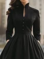 2026 New Women Black Stand Collar A-Line Dress Long Sleeves Buttoned High Waisted Pleated Elegant Cocktail Party Midi Dresses - Image 2