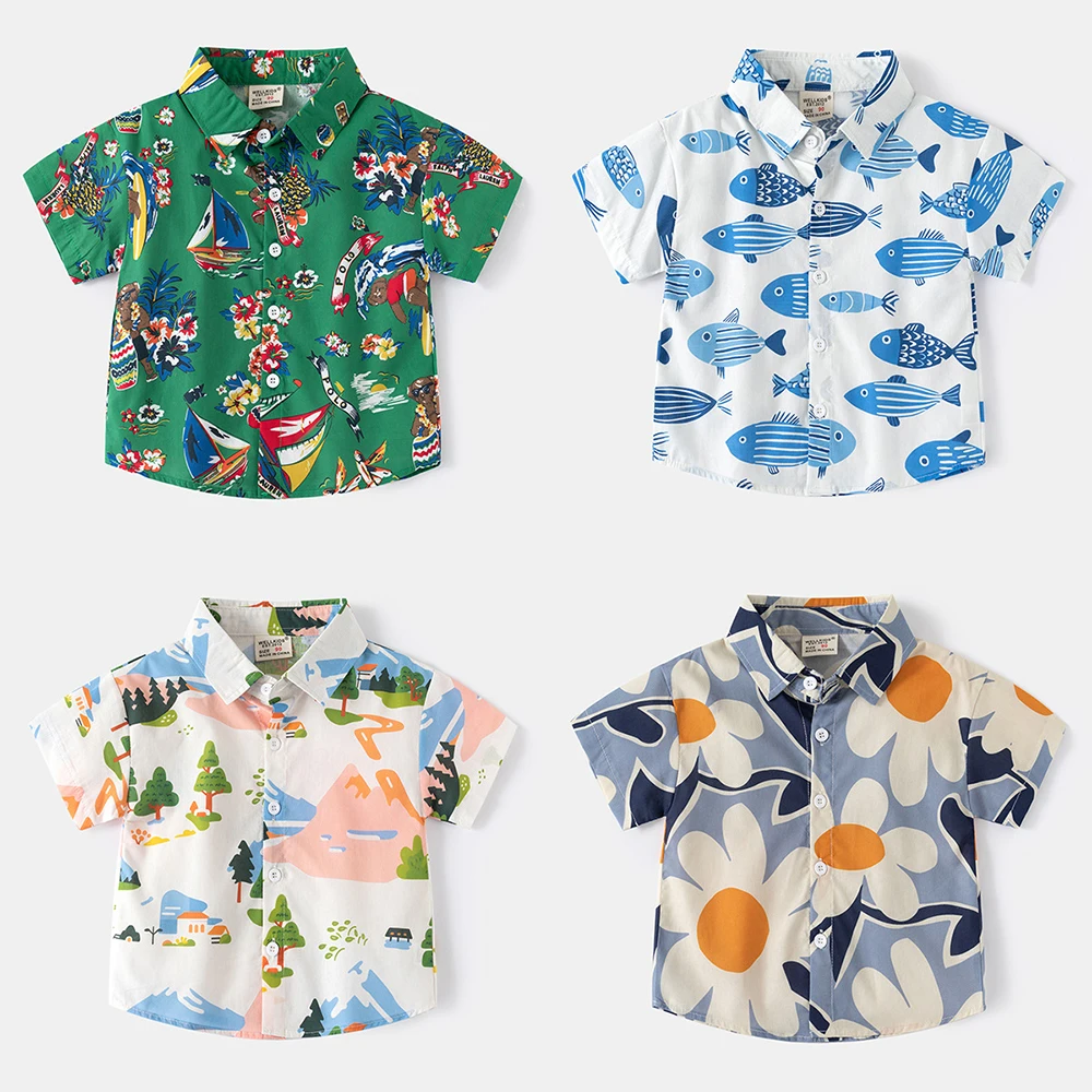 Baby Boys Girls Summer Models Full Print Short-sleeved Shirt Baby Casual Cartoon Shirt