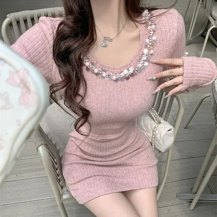 

Hsa Sexy beading sequin sleeve off knitted dress for women autumn winter Mini Dress pure desire waist tight buttocks wrapped