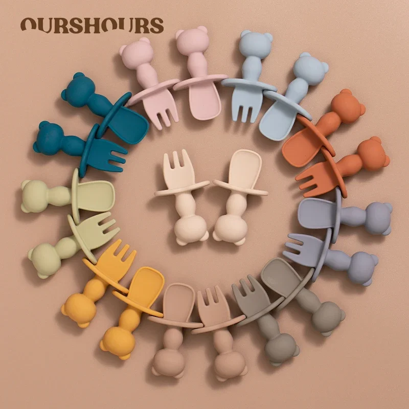 Silicone Feeding Spoon Silicone Cutlery Set Learning Spoons Fork Spoon Set Baby Cutlery Soft Silicone Baby Training Fork Spoon Set BPA Free Kids Dishes Infant Learning Tableware 2Pcs/Set