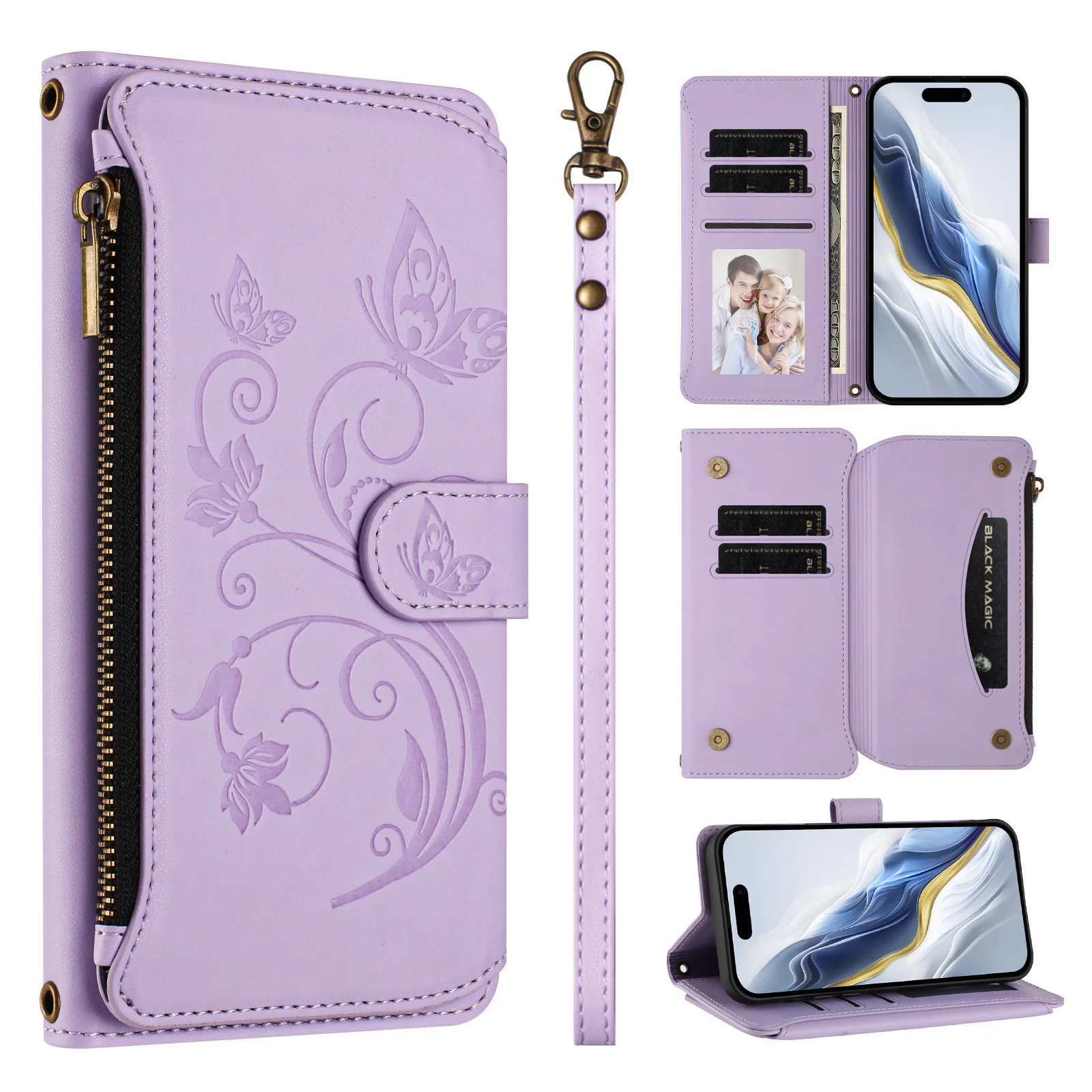 Butterfly Flower Flip Leather Wallet Crossbody Phone Case