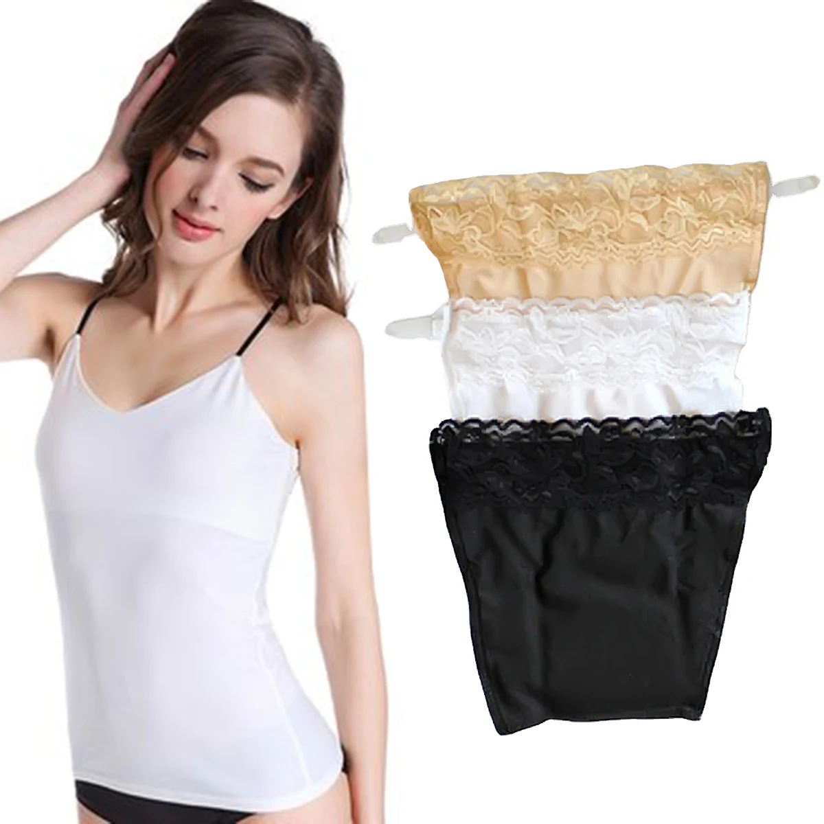 3Pcs Women's Lace Silk Cleavage Cover Up Camisole Breathable Invisibl Easy Clip-on Lace Mock Camisole Bras Anti-glare Clothes lace camisole tops