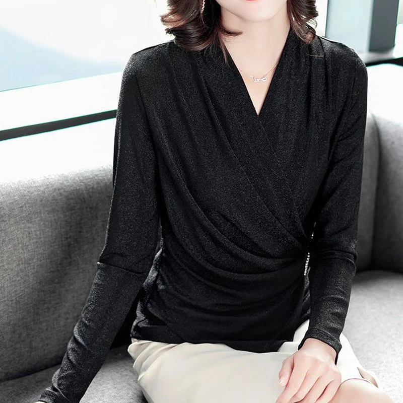 

Autumn Elegant Fashion Office Lady Commuter Shirt Women All Match New Solid Color Three Quarters V Neck Sashes Folds Top Clothes