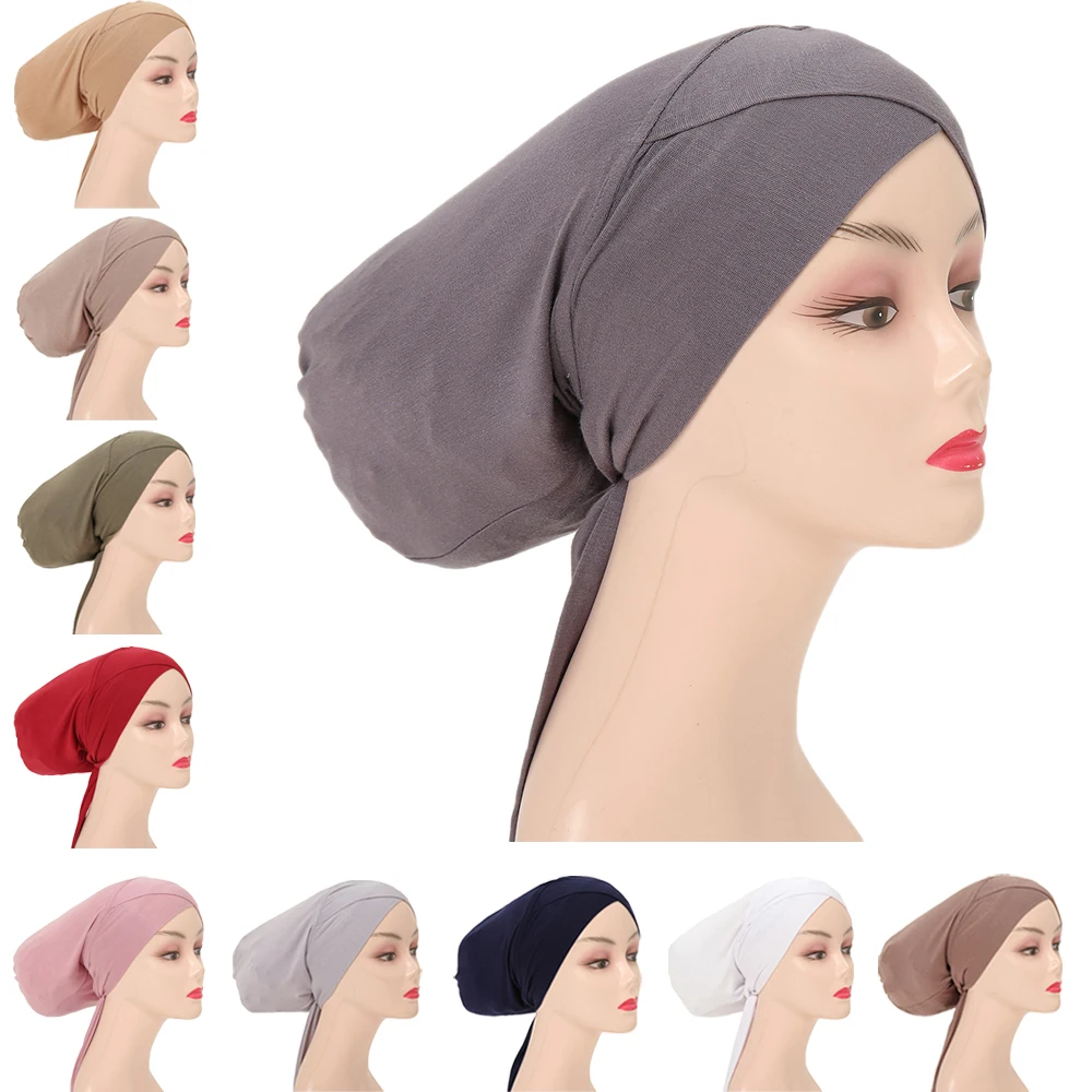 

Underscarf Muslim Women Elastic Tie Back Inner Hat Hijab Caps Modal Cotton Jersey Ninja Bonnet Headwrap Turbante Mujer Adjust