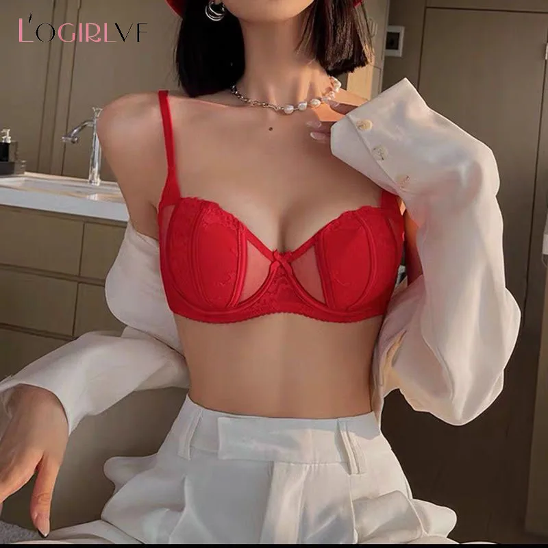 Logirlve New French Lingerie Summer Ultra Thin Lace Sexy Push Up Bra Set Ladies Bra Deep V High Quality Lace Women Lingerie Set