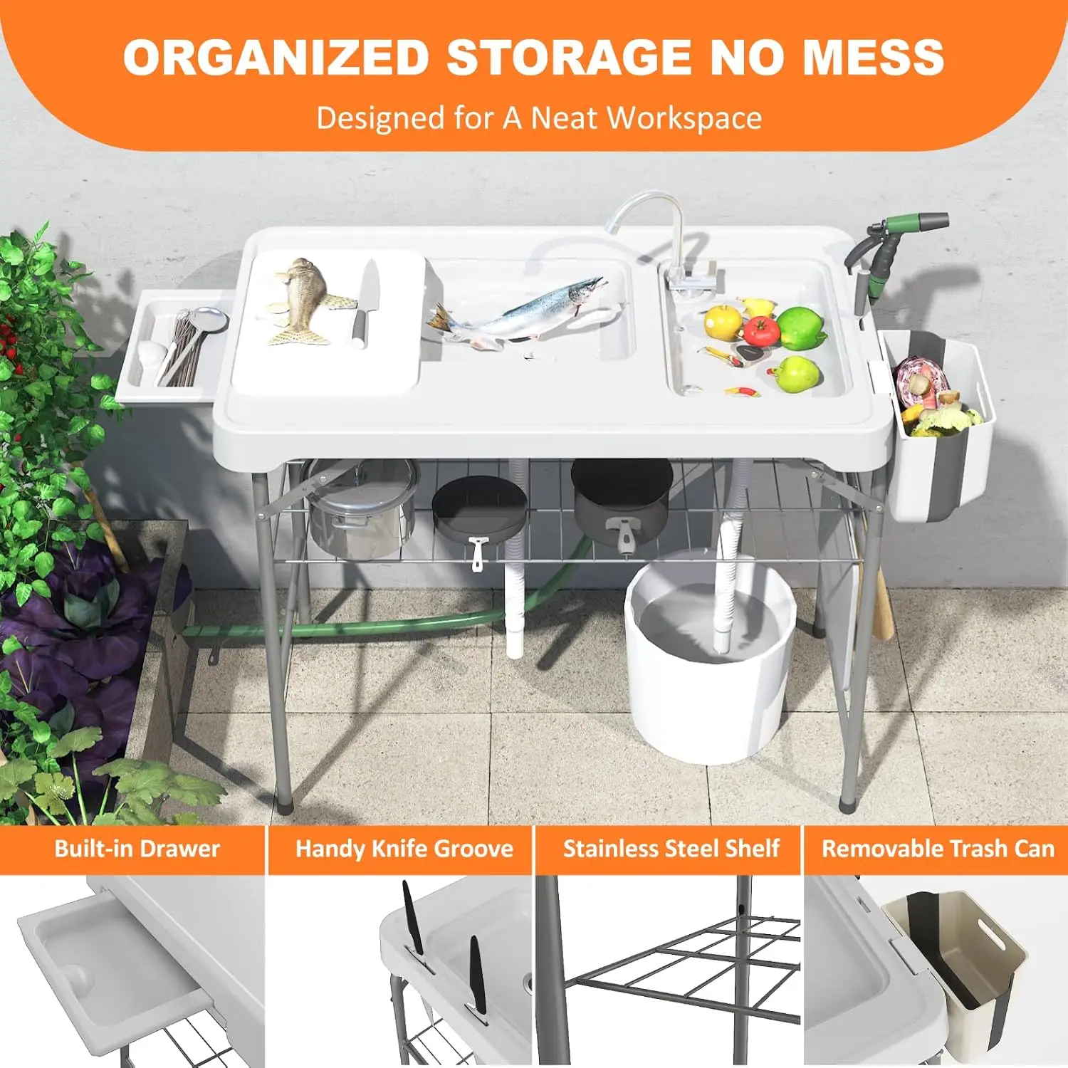 Folding Fish Cleaning Table with 2 Sinks 5