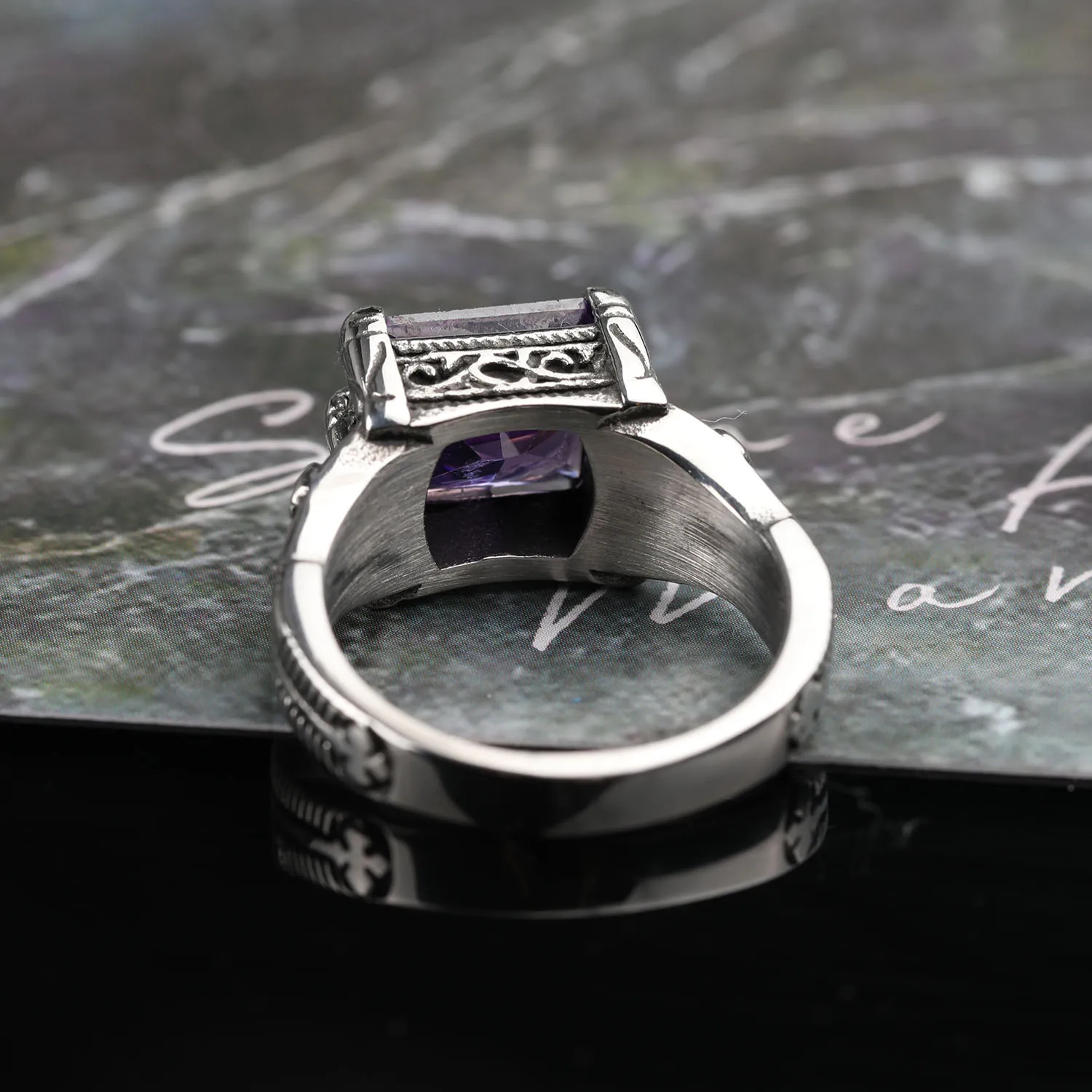 Anillo de sello de piedra semipreciosa para hombre, color plateado