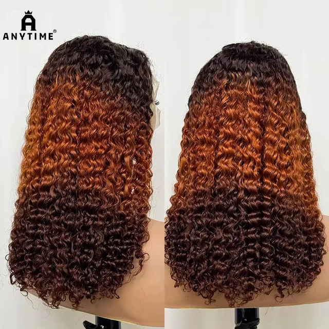 Double dessiné 250% densité Ombre 18 pouces vague d'eau bouclés perruques de cheveux humains 13x4 Transparent dentelle frontale perruque de cheveux pour les femmes 1