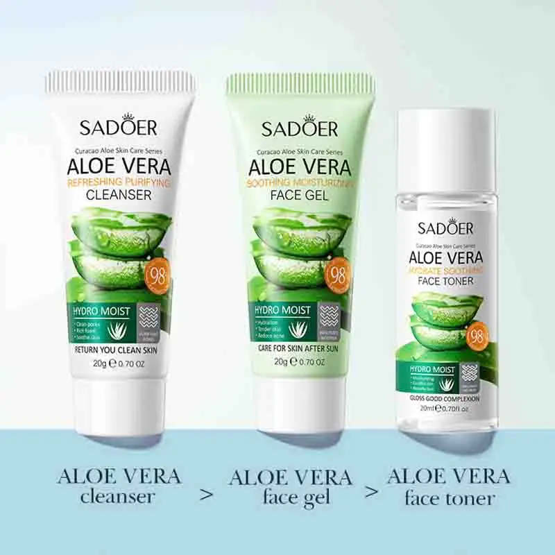3pcs SADOER Aloe Vera Skin Care Sets Face Wash Facial Cleanser Aloe Gel Toner Face Cream Moisturizing Anti-aging Skin Care Kit