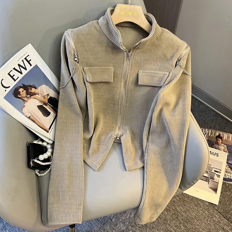 

Stand Collar Zipper Jackets Female Casual Short Corduroy 2024Women's Jacket Korean Loose Long Sleeve Outwear Coat Woman Clothing