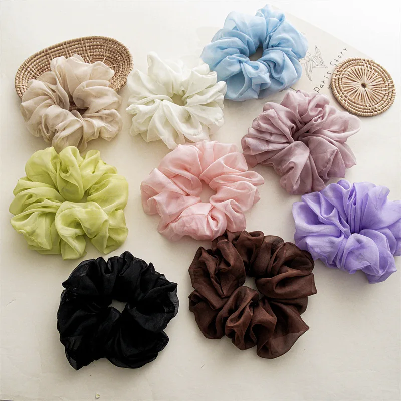 Woman Large Solid Color Chiffon Elastics Hair Band Girls Sweet Scrunchies  Lady Washing Face Hair Ties Ponytail Holders Ornament