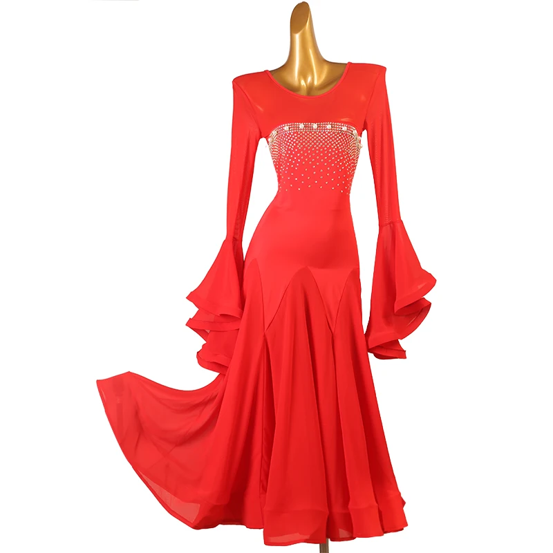 

Custom Color Size Red Bell-bottomed Sleeve Ladies Ballroom Standard Dance Dress Tango Vintage Waltz Dancing Ballroom Costumes