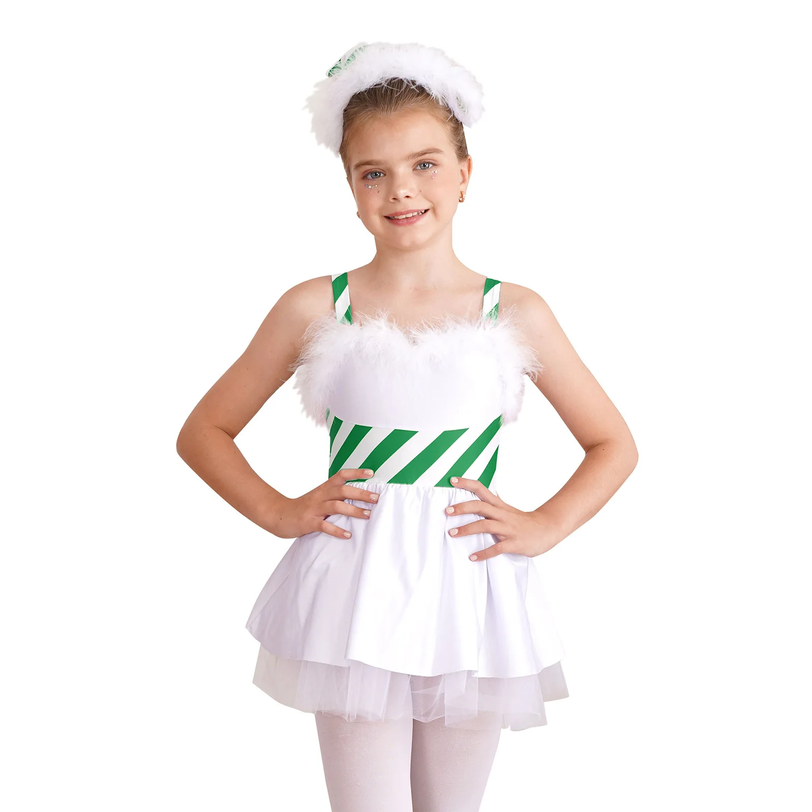 

Kids Girls Christmas Elf Cosplay Costume Xmas Santa Claus Party Performance Dance Dress Feather Striped Tutu Leotard with Hat