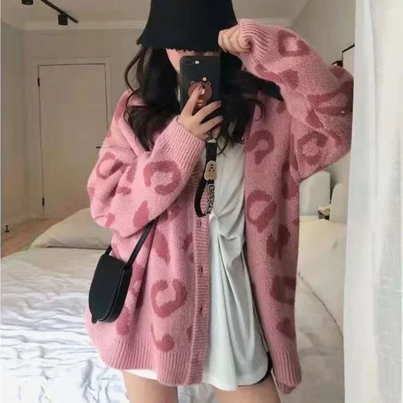 New Fashion V-neck Leopard Print Cardigan Long-sleeved Sweater Fashion New Knitted Single-breasted Jacket