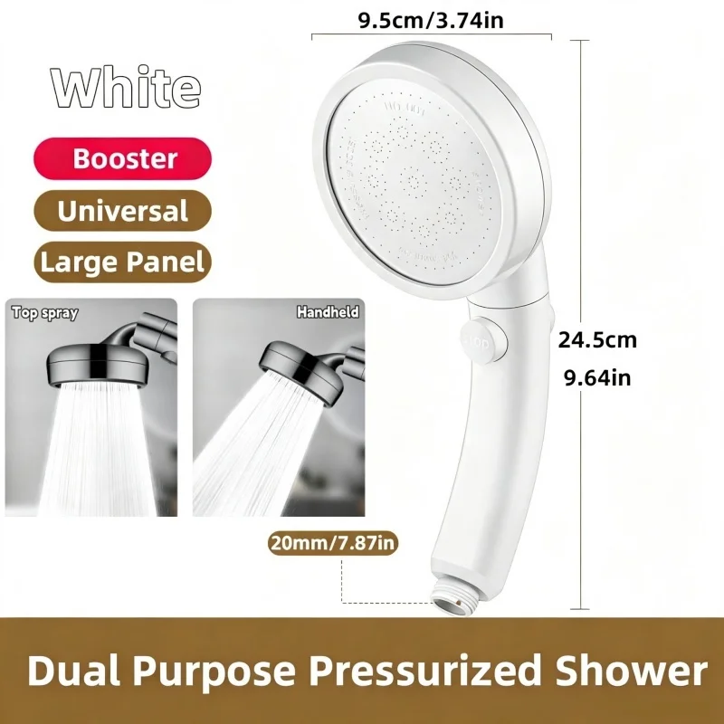 Enhanced Arc Showerhead with Dual Functionality and 360° Swivel, Featuring Top Spray and Handheld Options with One-Click Stop and Soft Water Flow