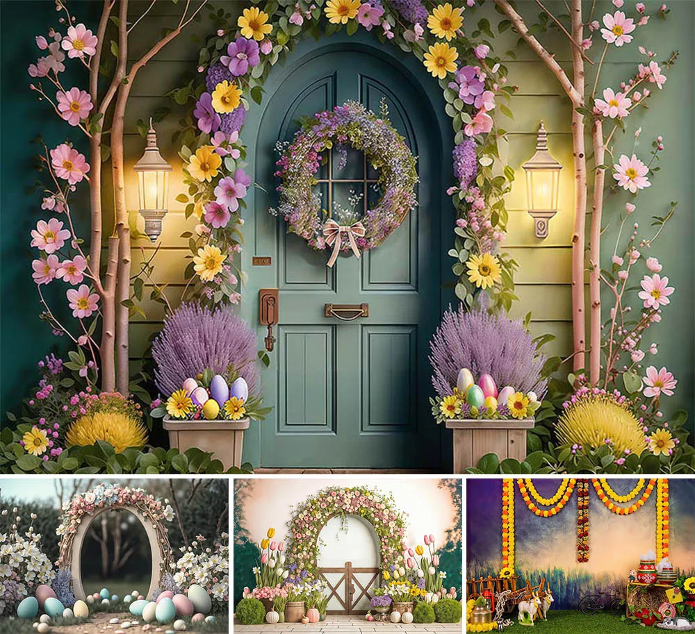 

Mehofond Spring Arch Door Backdrop Photography Children Portrait Easter Day Party Flower Eggs Decor Newborn Photo Background